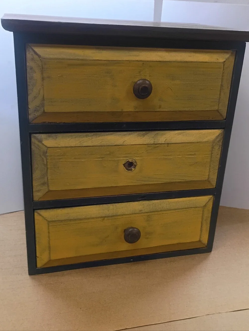 Small 3 Drawer Pine Accent Chest, Blue With Yellow Drawers, Rustic